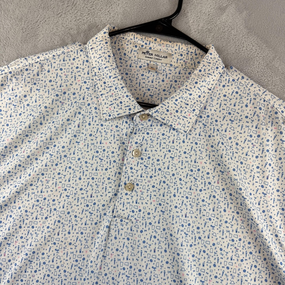 Peter Millar Polo Shirt Mens Extra Large White Blue Summer Comfort Golf Stretch